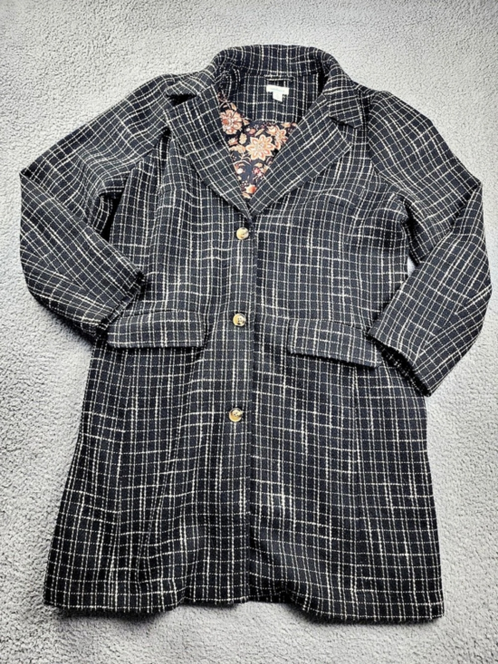 Sundance Jacket Coat XL Plaid Black Tweed Buttons Work Winter Buttons Long